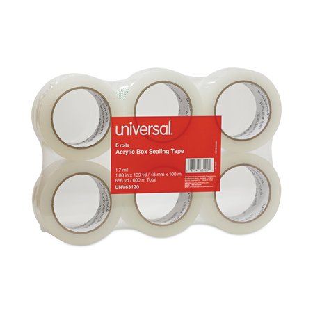 Universal Deluxe Acrylic Box Sealing Tape, 3" Core, 1.88" x 110 yds, Clear, PK6 UNV63120